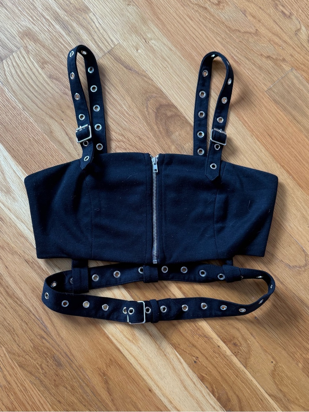 LF Millau Black Crop Top with Grommet Straps and Zipper Accent